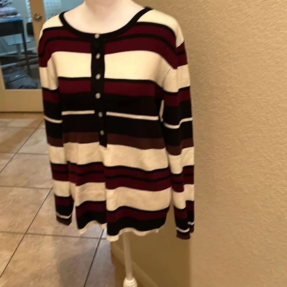 Velvet Heart Women's L Button Neck Rib Pullover Hanley Sweater Stripe Red Black